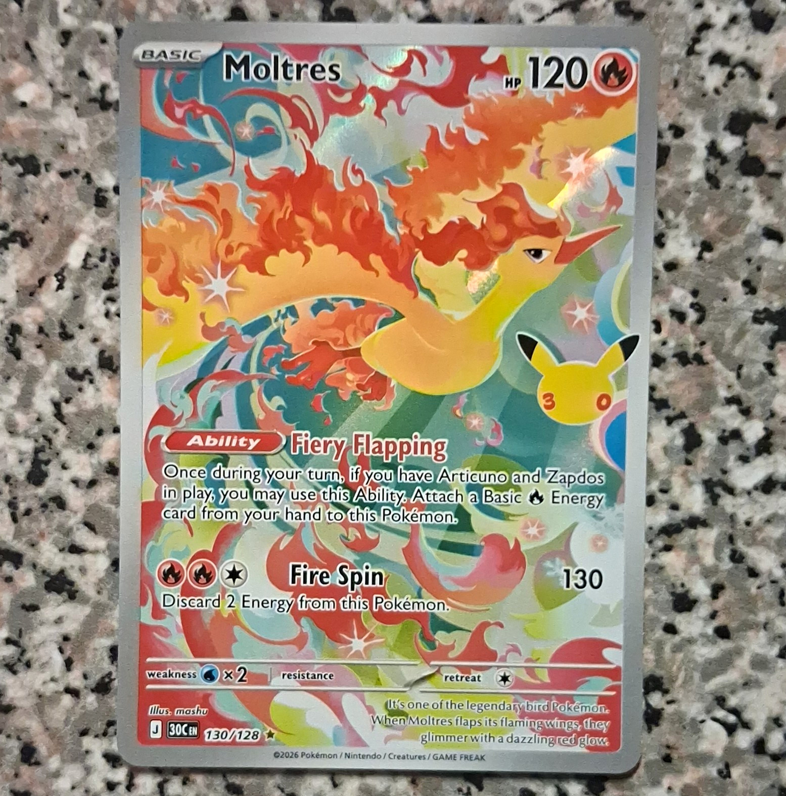 Pokemon TCG Moltres 130/128 Me: 30th Celebration Illustration Rare Holo 120 HP