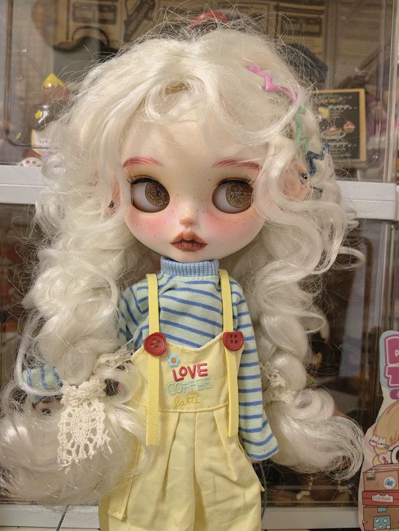 OOAK Custom Full Set Blythe Doll White Skin Fluffy White Wig Collectible Doll