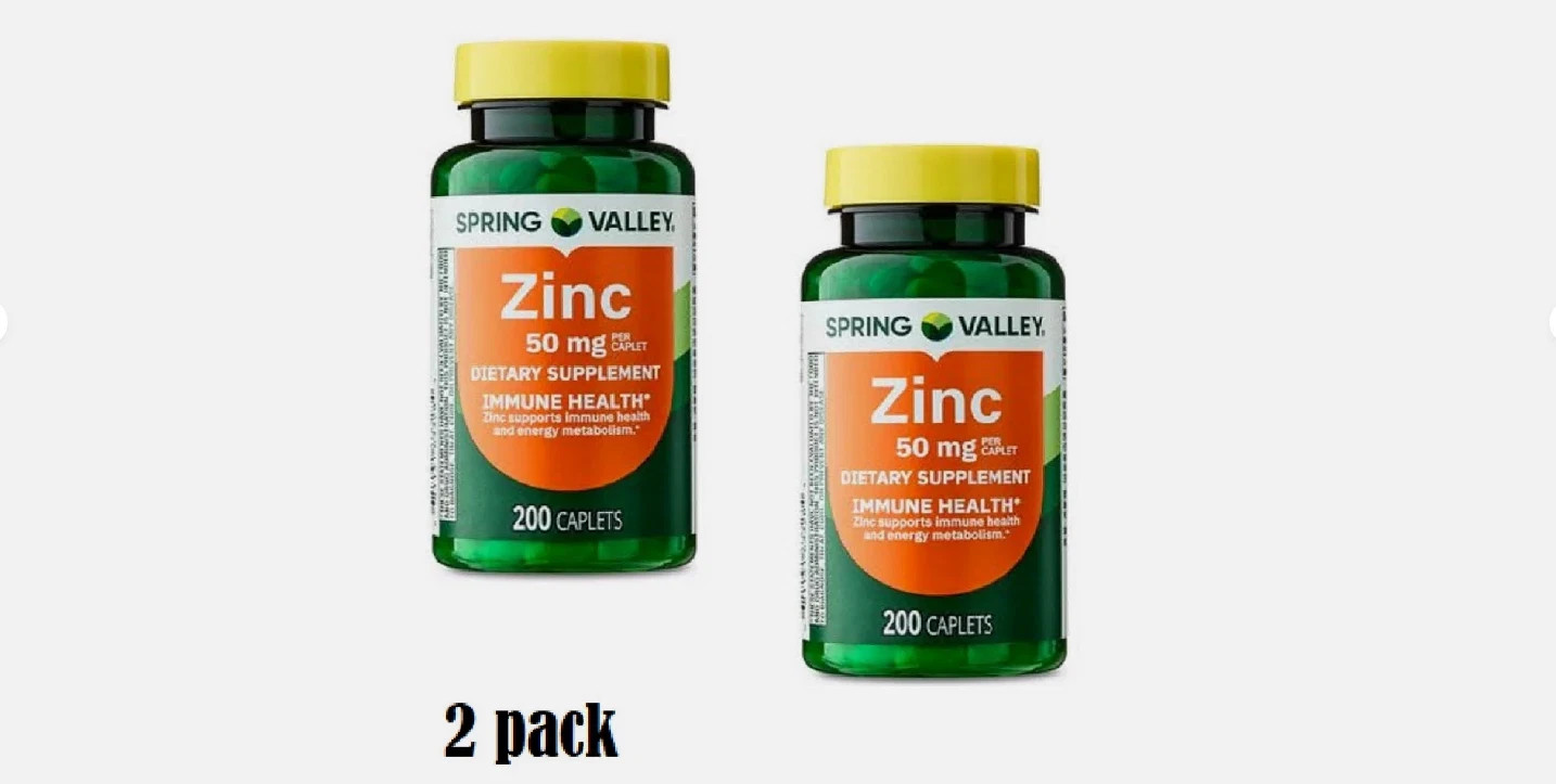 2 pack Spring Valley Zinc 50mg Caplets- 200 Count new 