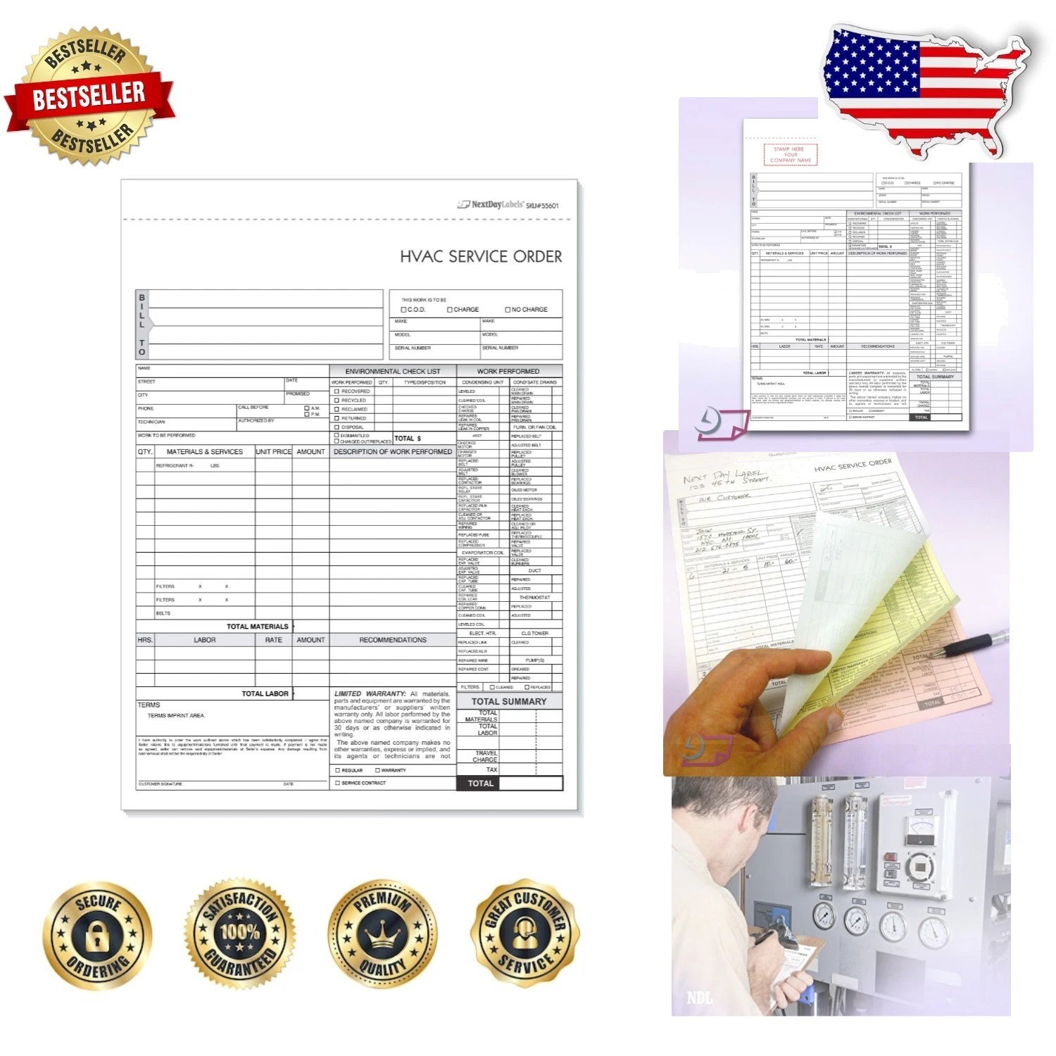 HVAC Service Order Invoice 3 Part Carbonless 100 Sets Professional Quality