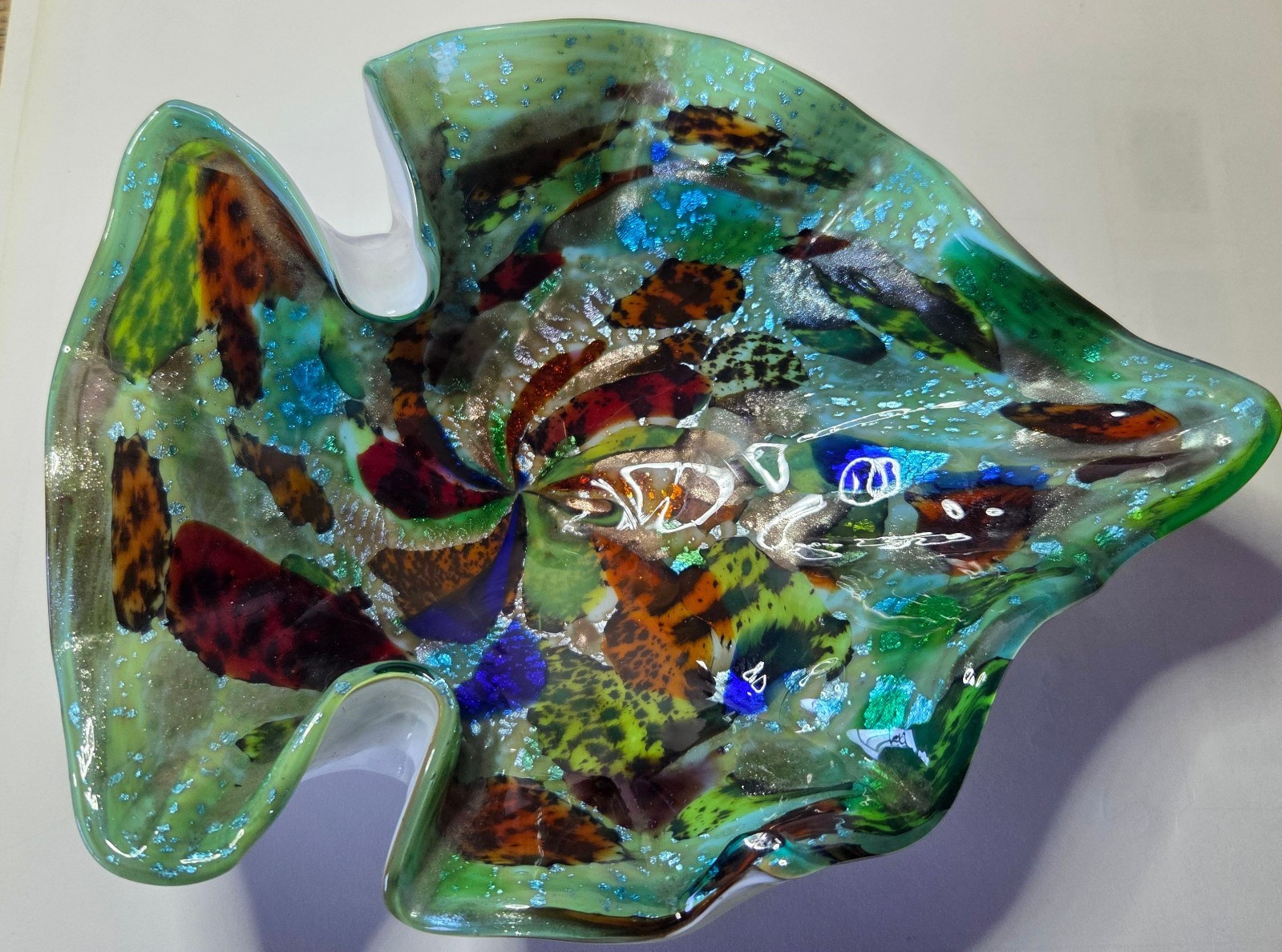 VINTAGE ITALY MURANO art GLASS FISH TUTTI FRUTTI SILVER INCLUSION bowl