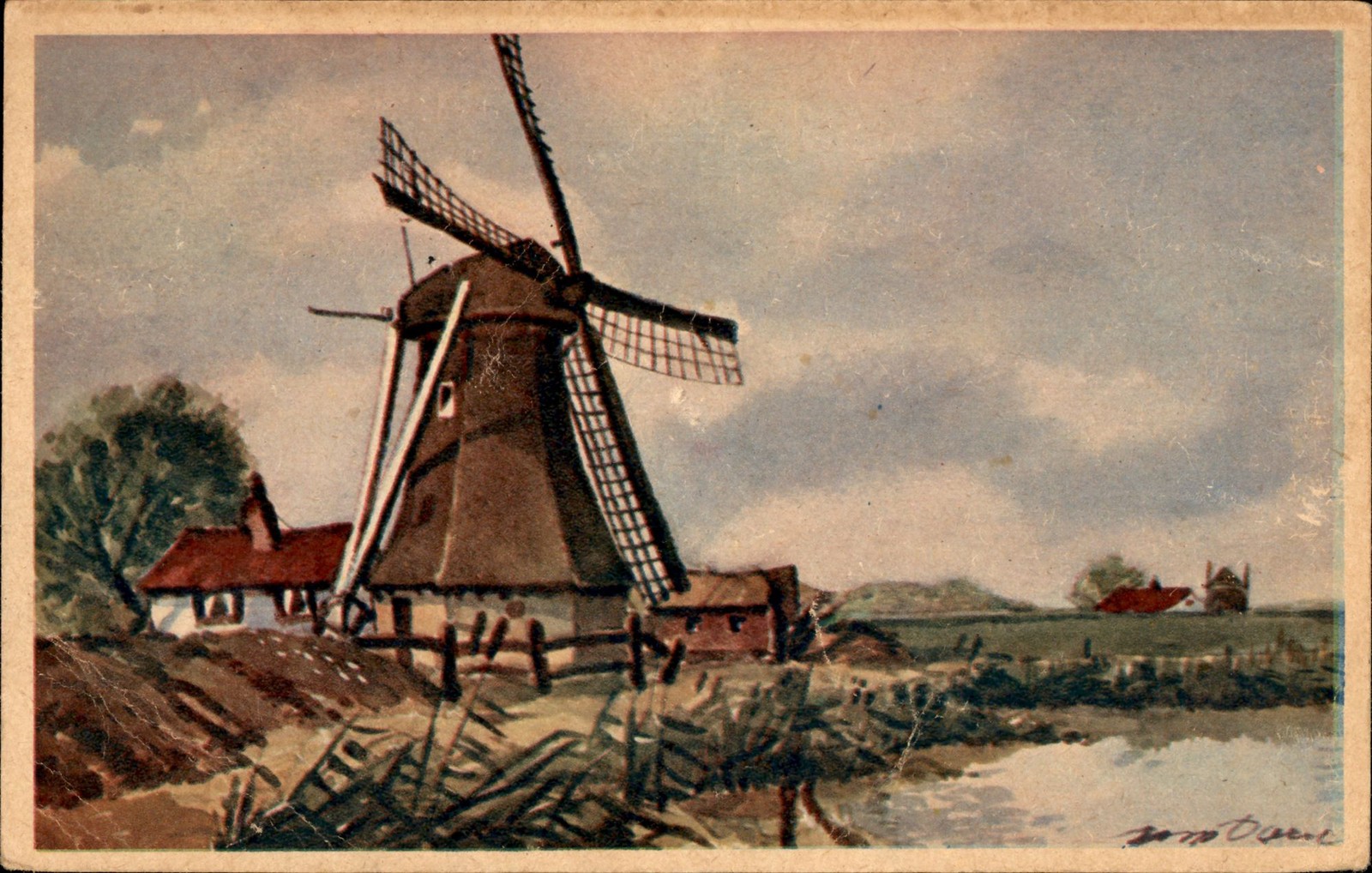 Vintage Dutch Windmill Hollandse Molen Painting Postcard Groningen 1948