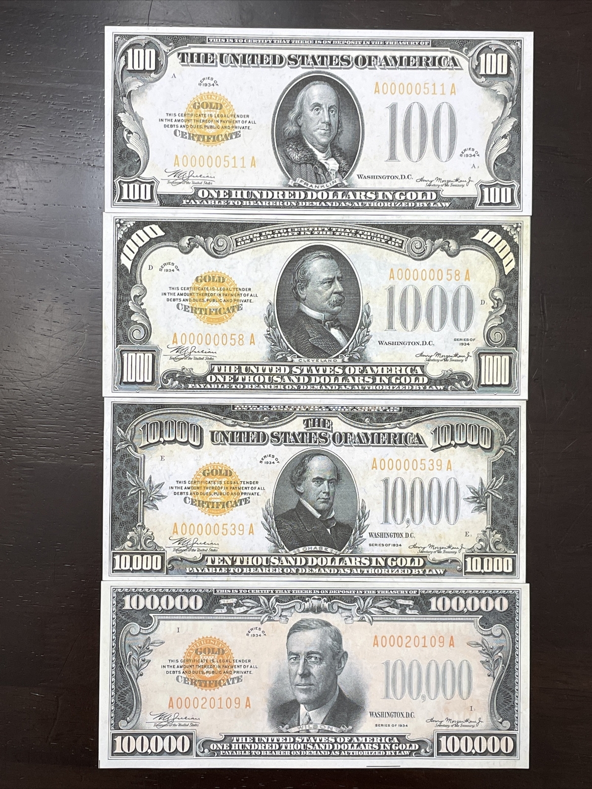 Reproduction Set 1934 Gold Certificates $100 $1000 $10,000 $100,000 Read Below