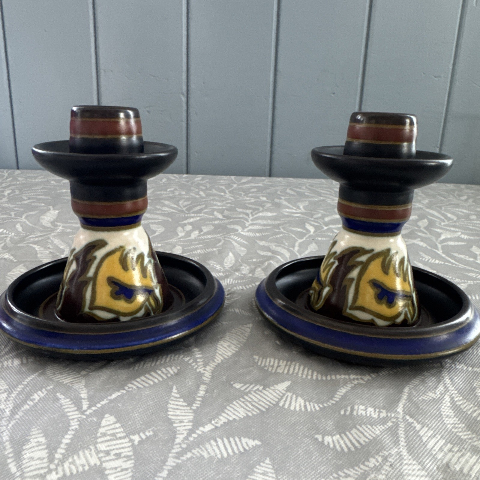 Antique PZH Gouda Holland CEE Pair Candle Holders Hand Painted Art Pottery 1929