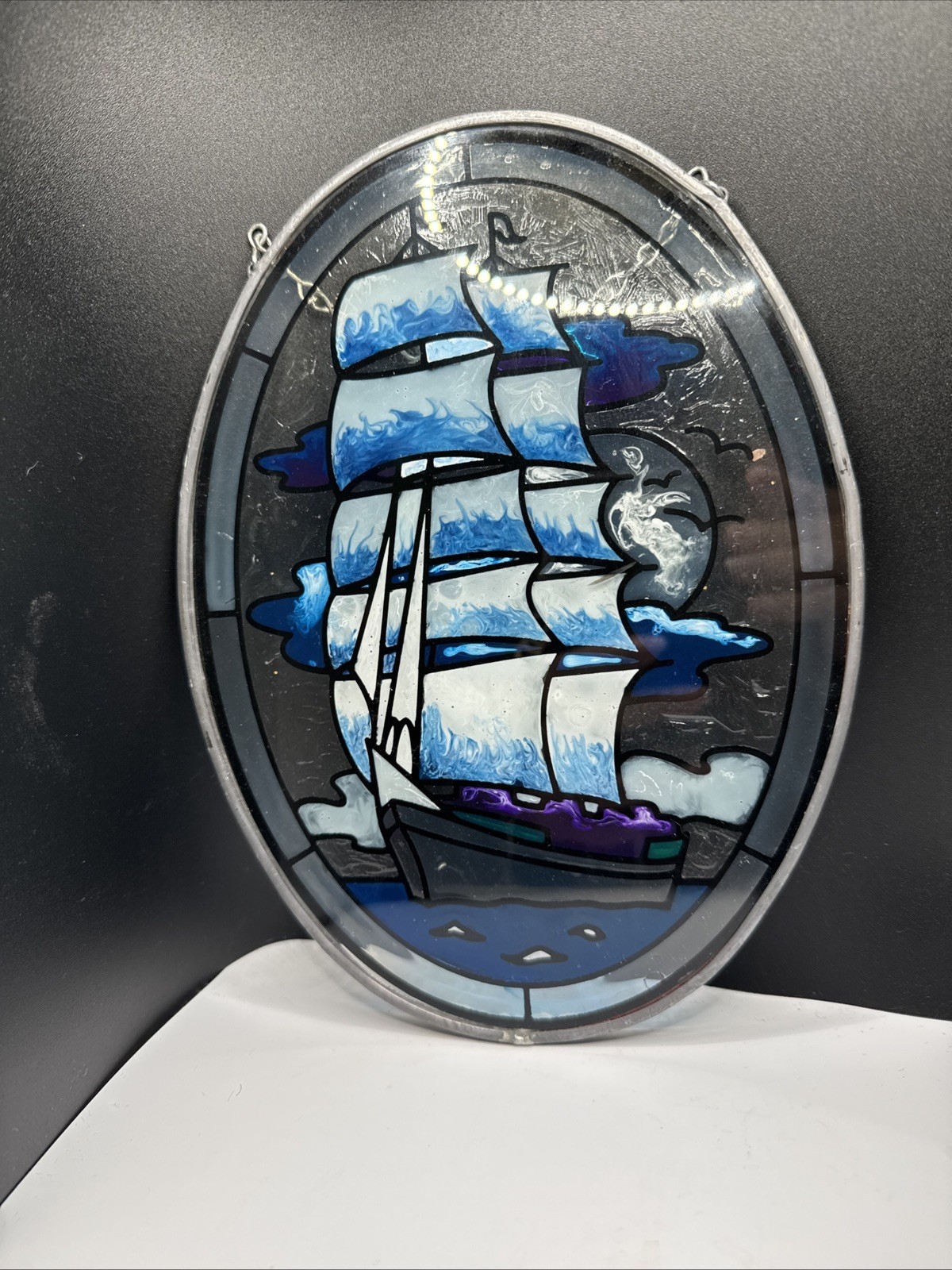 Mid 20th Century Steined Glass Ship Window Hanger Nautical Decor Mid 20th Century Steined Glass Ship Window Hanger Nautical Decor