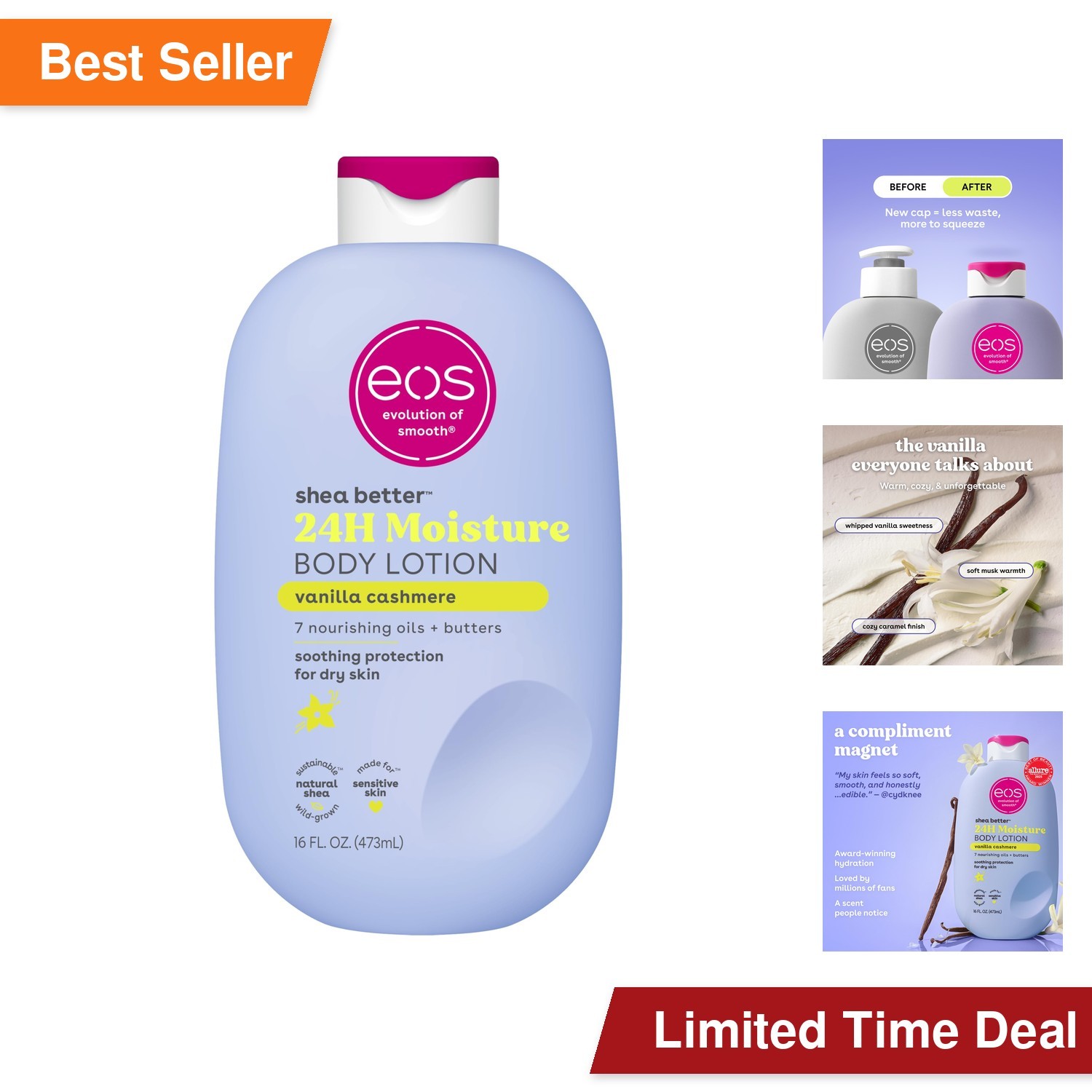 eos Shea Better Body Lotion- Vanilla Cashmere, 24-Hour Moisture, 16 fl oz