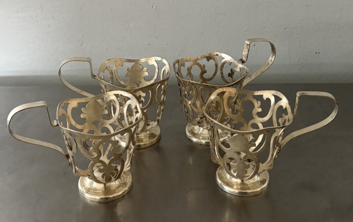 Set of 4 Vntg Silverplate Tea Glass Holders Art Nouveau Filigree Sheffield