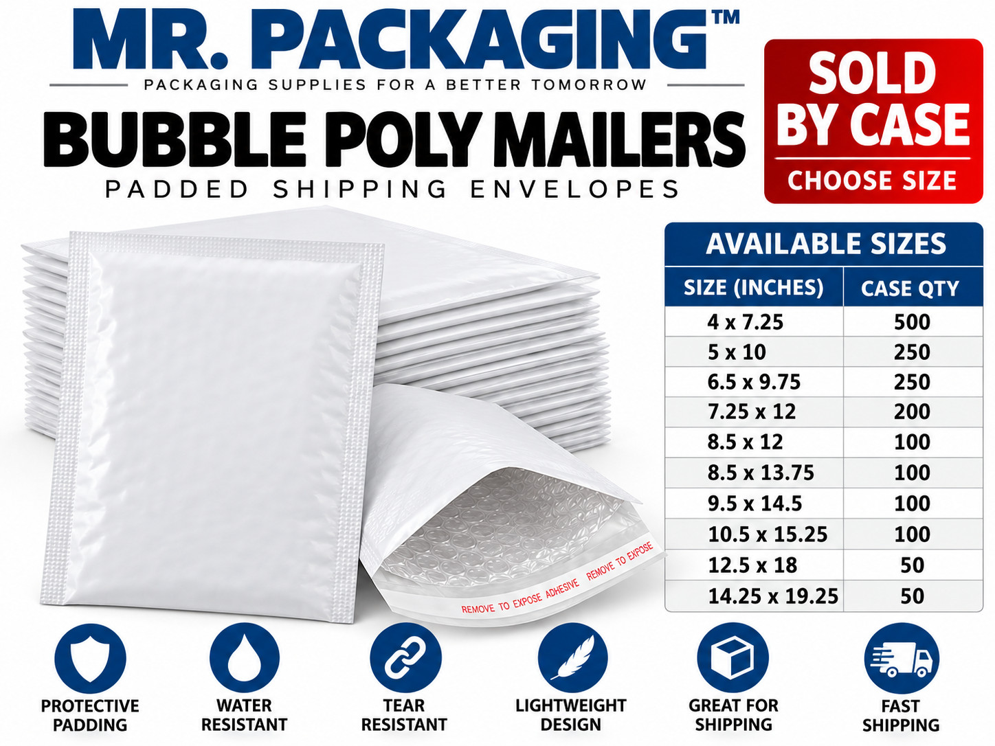 MR. PACKAGING White Bubble Poly Mailers Padded Self Seal Envelopes Choose Size