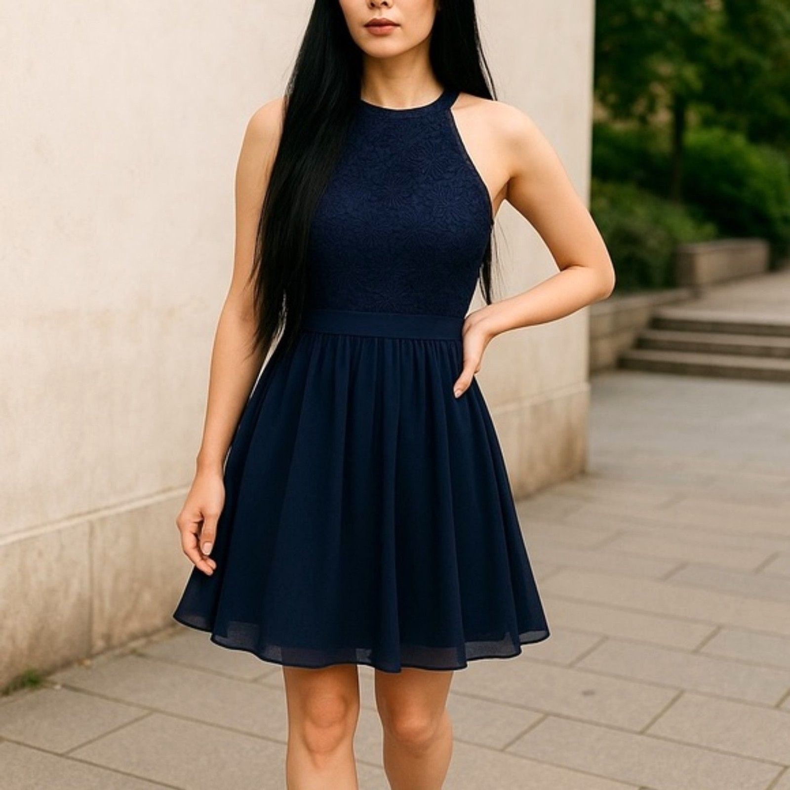 Lulus Lover\'s Game Navy Blue Lace Halter Neck Skater Dress Women’s Size Medium
