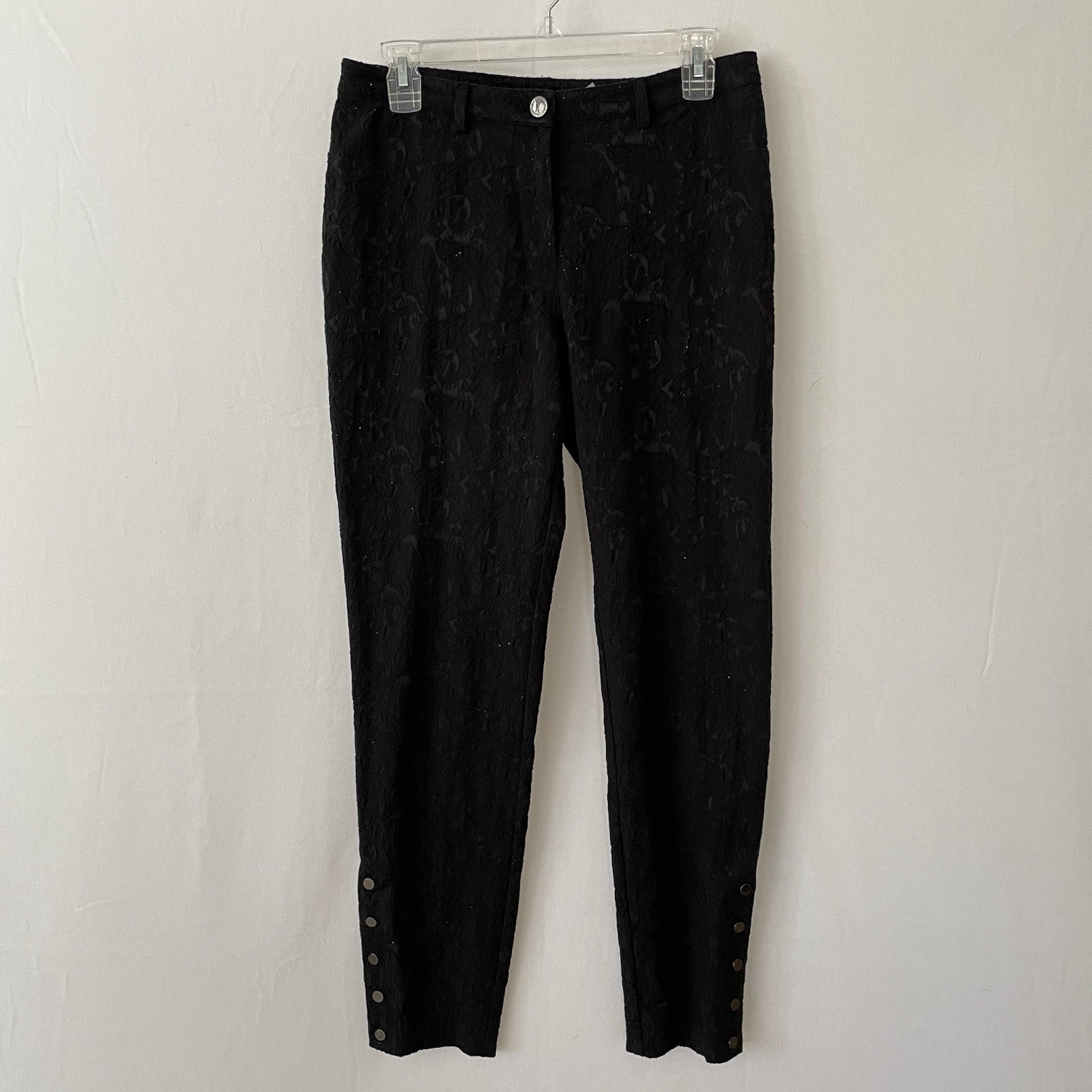 BIANCA NYGARD Size 6 Embroidered Black on Black Snap Detail Ankle Pants Sparkly
