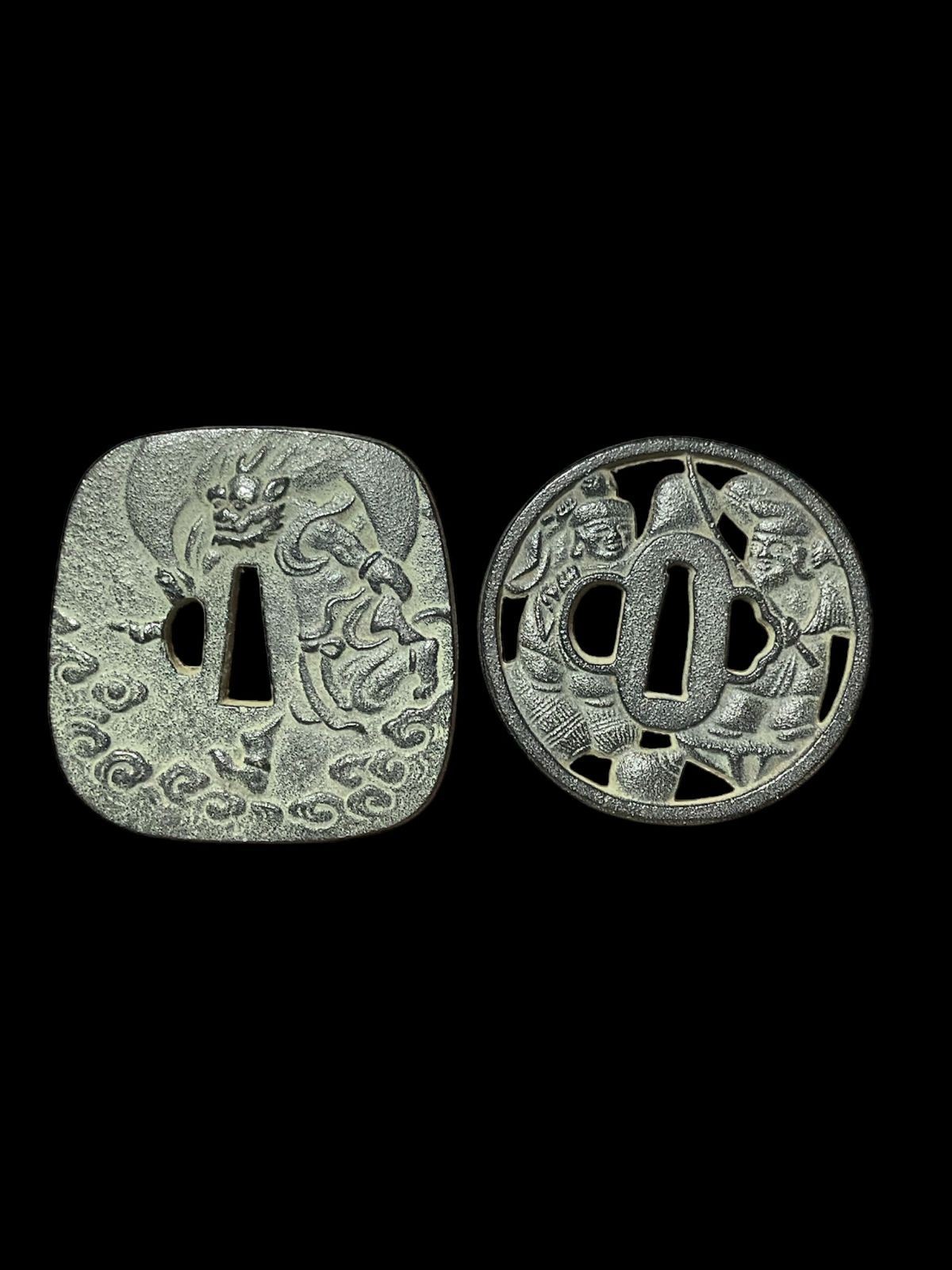 Japanese Katana Tsuba Ishiguro Masaaki Fengshen Design 2pc Set Antique Japanese Katana Tsuba Ishiguro Masaaki Fengshen Design 2pc Set Antique