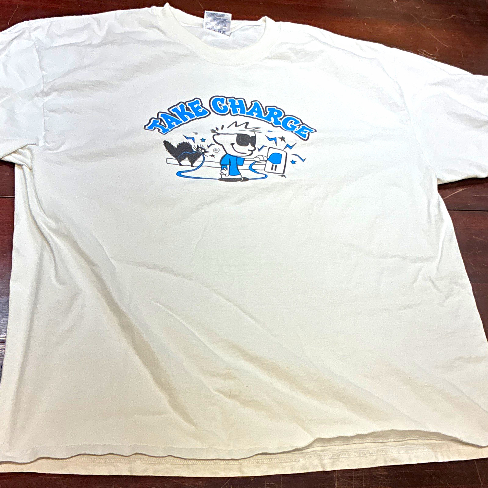 Vintage Calvin Jostens Men\'s XL White Take Charge Cartoon Graphic Crew Neck Tee