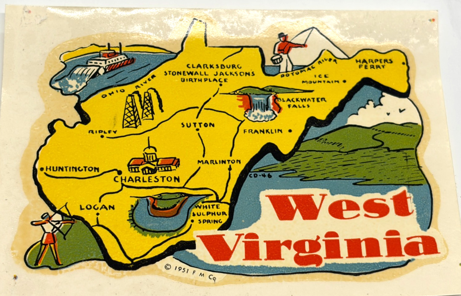 c1940s West Virginia Fly Fish Charleston Stonewall Jackson Sticker Window Decal c1940s West Virginia Fly Fish Charleston Stonewall Jackson Sticker Window Decal
