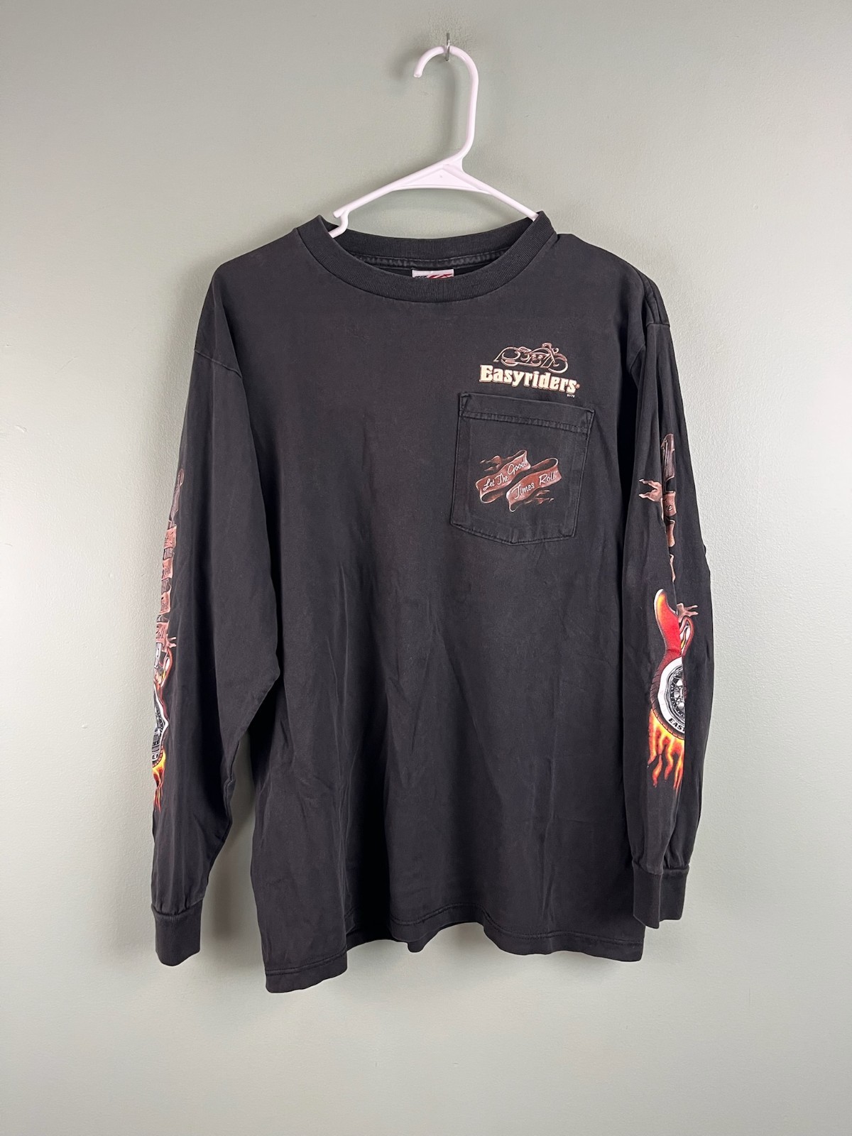 VTG Easyriders Magazine Flame Sleeve Print Long Sleeve Pocket T Shirt MED Black