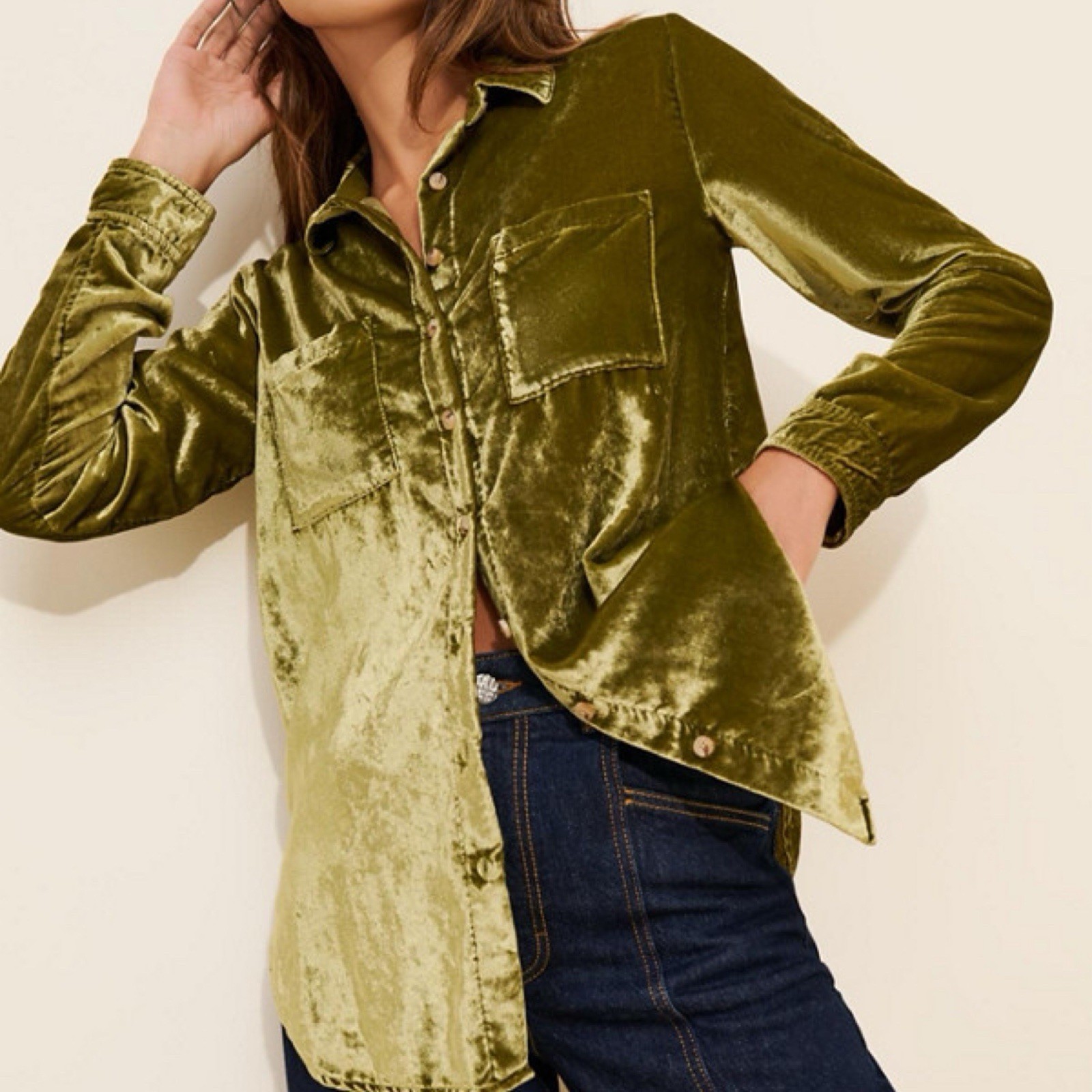 Anthropologie Large Pilcro Relaxed Velvet Long Sleeve Buttondown Shirt Top Green