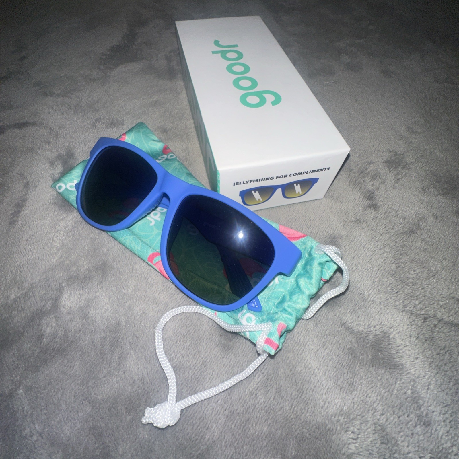 Goodr “ Jellyfishing For Compliments“ Sunglasses Blue Frame Tinted Black Lens