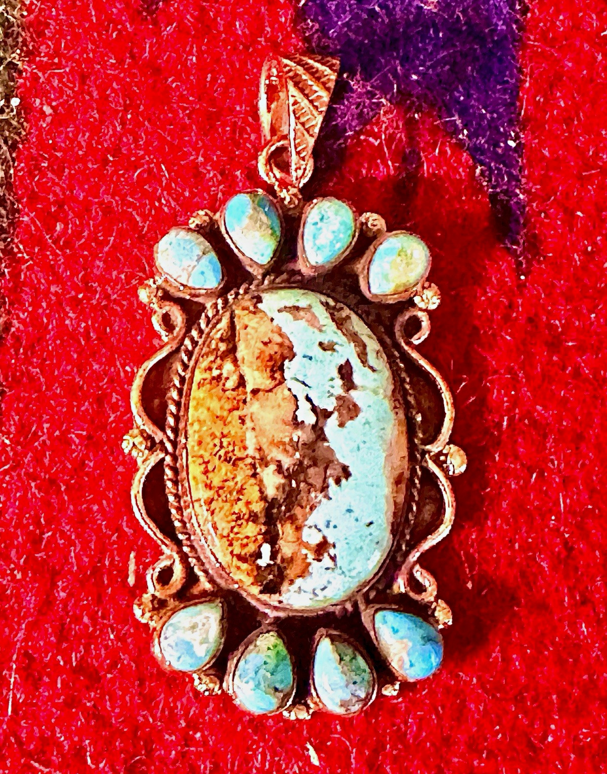 NAVAJO HANDMADE ROYSTON TURQUOISE SONORA 3”” COPPER PENDANT. NICE. $395 NAVAJO HANDMADE ROYSTON TURQUOISE SONORA 3”” COPPER PENDANT. NICE. $395