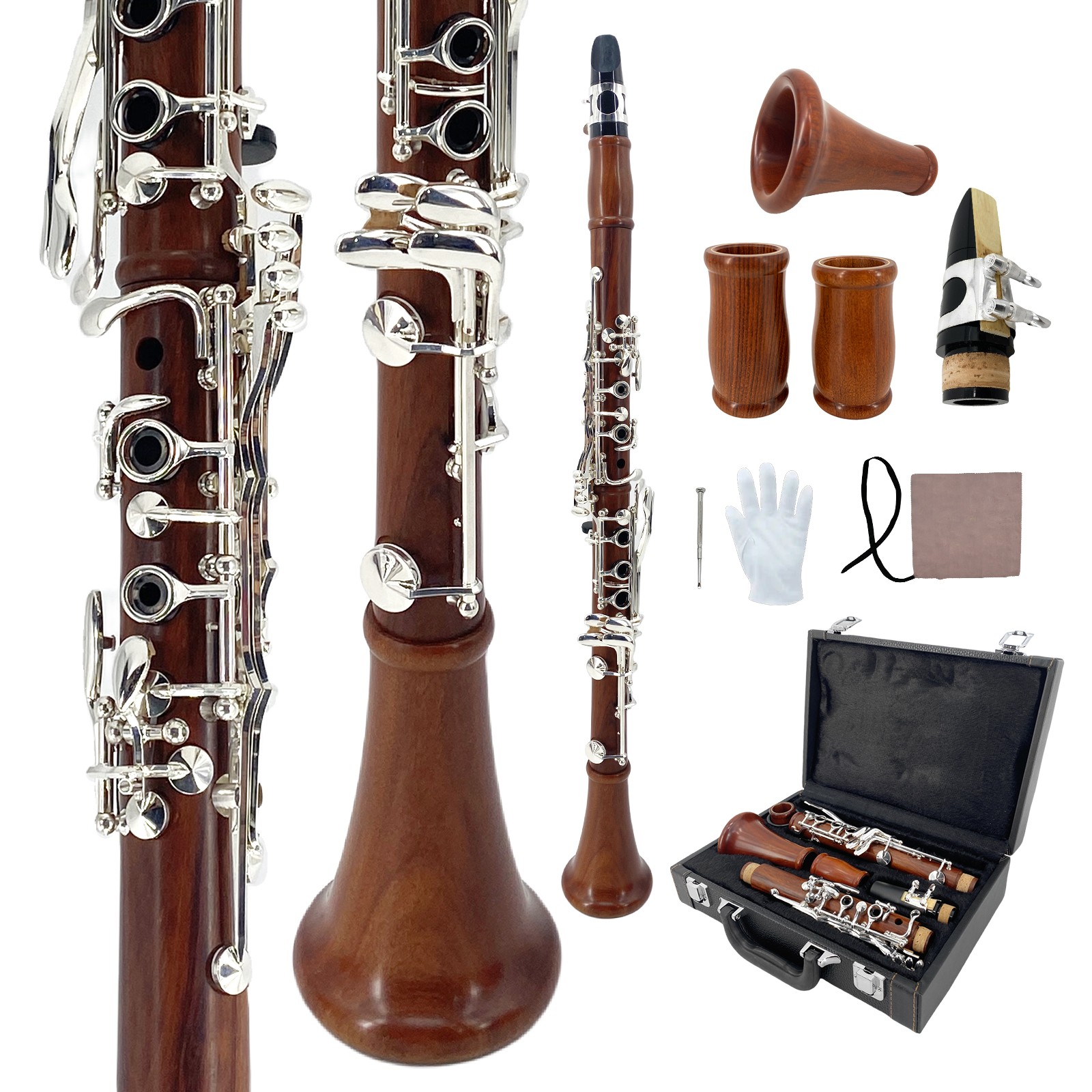 Bb Key 17 key Professional Clarinet Rosewood Wooden Body Silver Plated NEW
