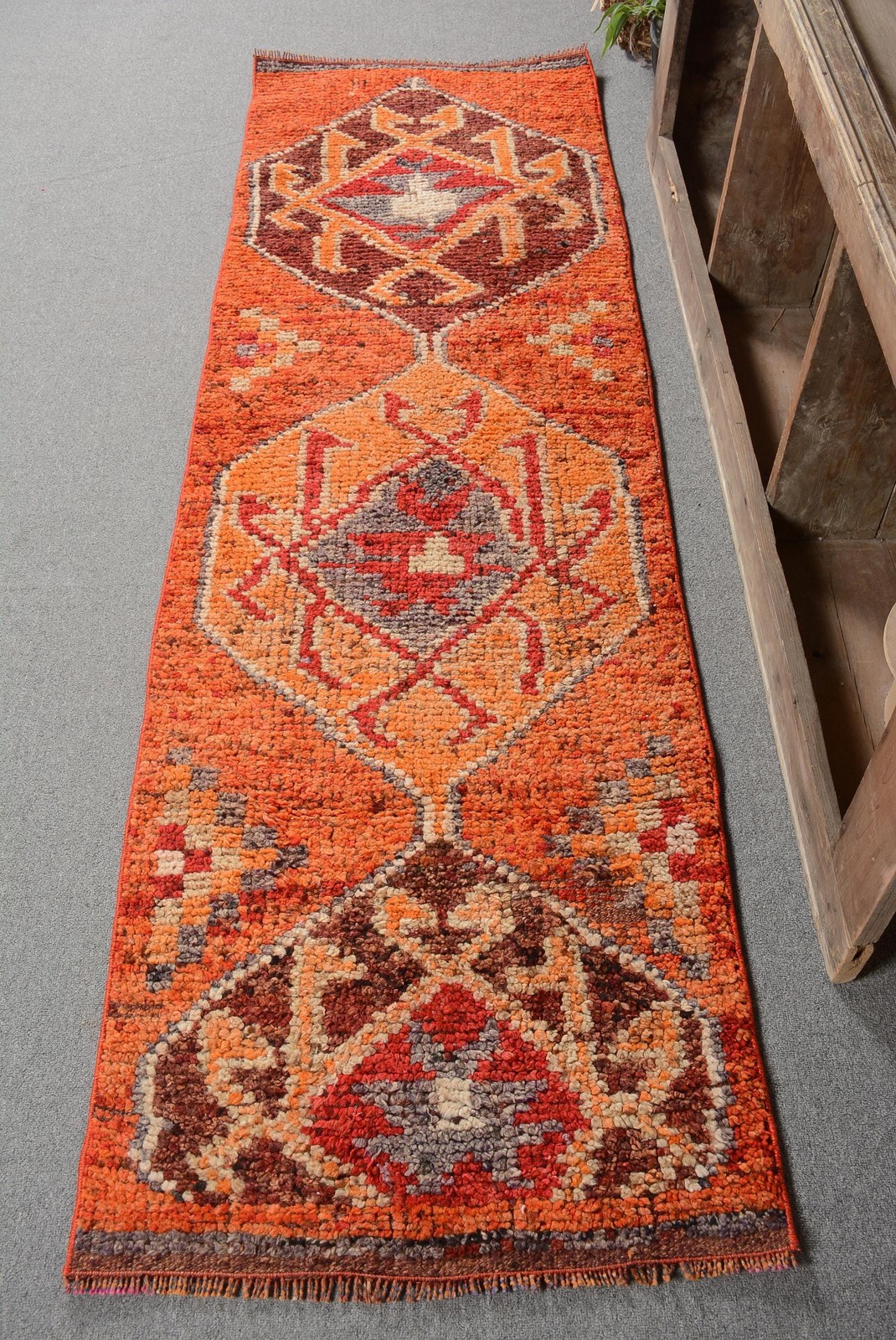 Vintage Turkish Rug, 2,4x8,1 ft Runner Rug, Red Herki Check Rug