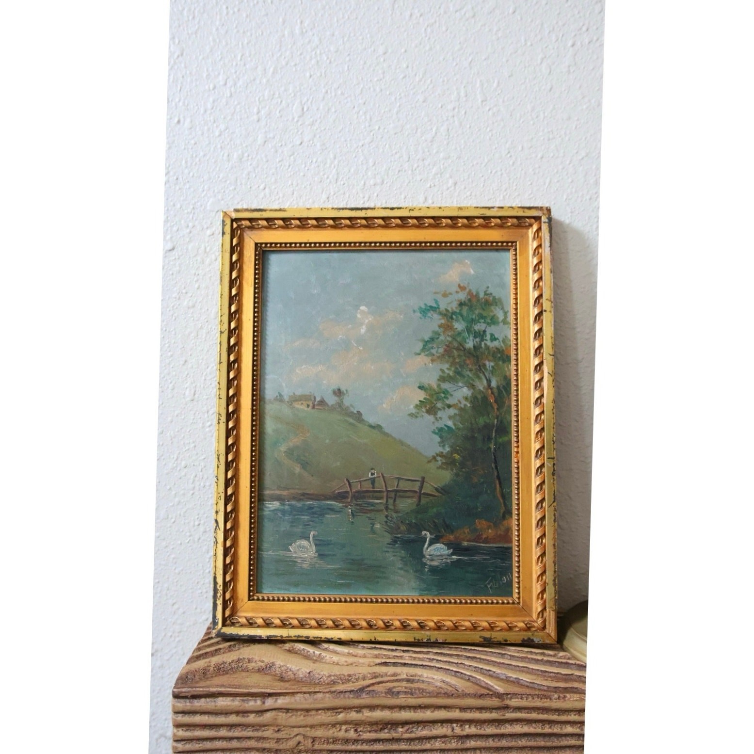 Vintage French Oil Painting Signed River Landscape Swans Stone Bridge Fisherman