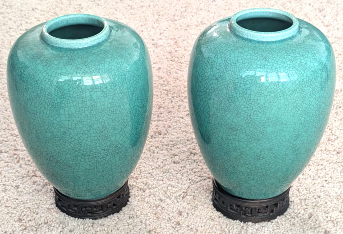 Beautiful Pair Antique Japan Awaji Pottery Vase Crackle Green 1880\'s w Pedestals Beautiful Pair Antique Japan Awaji Pottery Vase Crackle Green 1880\'s w Pedestals