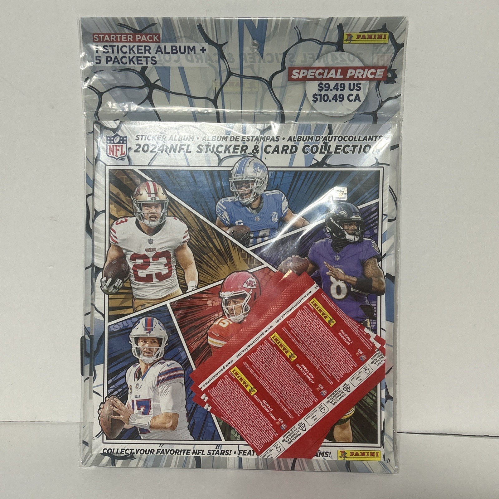 Lot Of 5 2024 PANINI NFL STICKER AND CARD COLLECTION 1 ALBUM AND 5 PACKS SEALED
