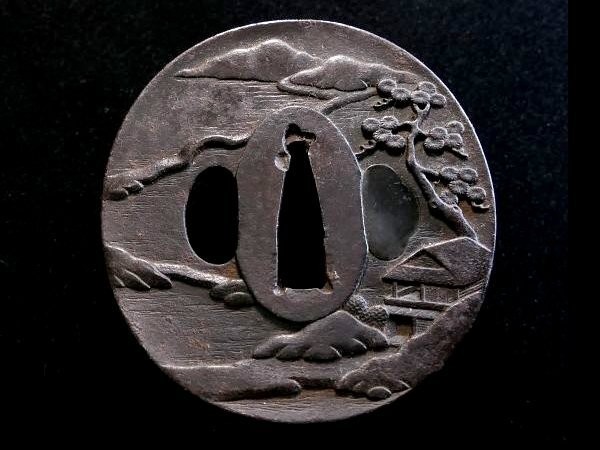 Japan Antique Tsuba Japanese Sword Edo Period Iron Landscape Katana Guard Choshu