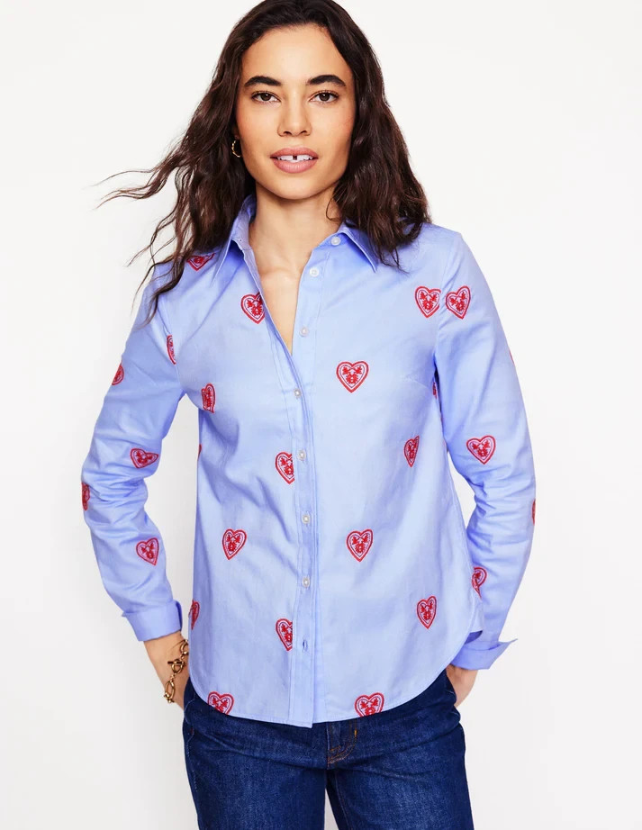 Boden NWT Sienna Interest Heart Embroidered Shirt US 2 Blue Red Boden NWT Sienna Interest Heart Embroidered Shirt US 2 Blue Red