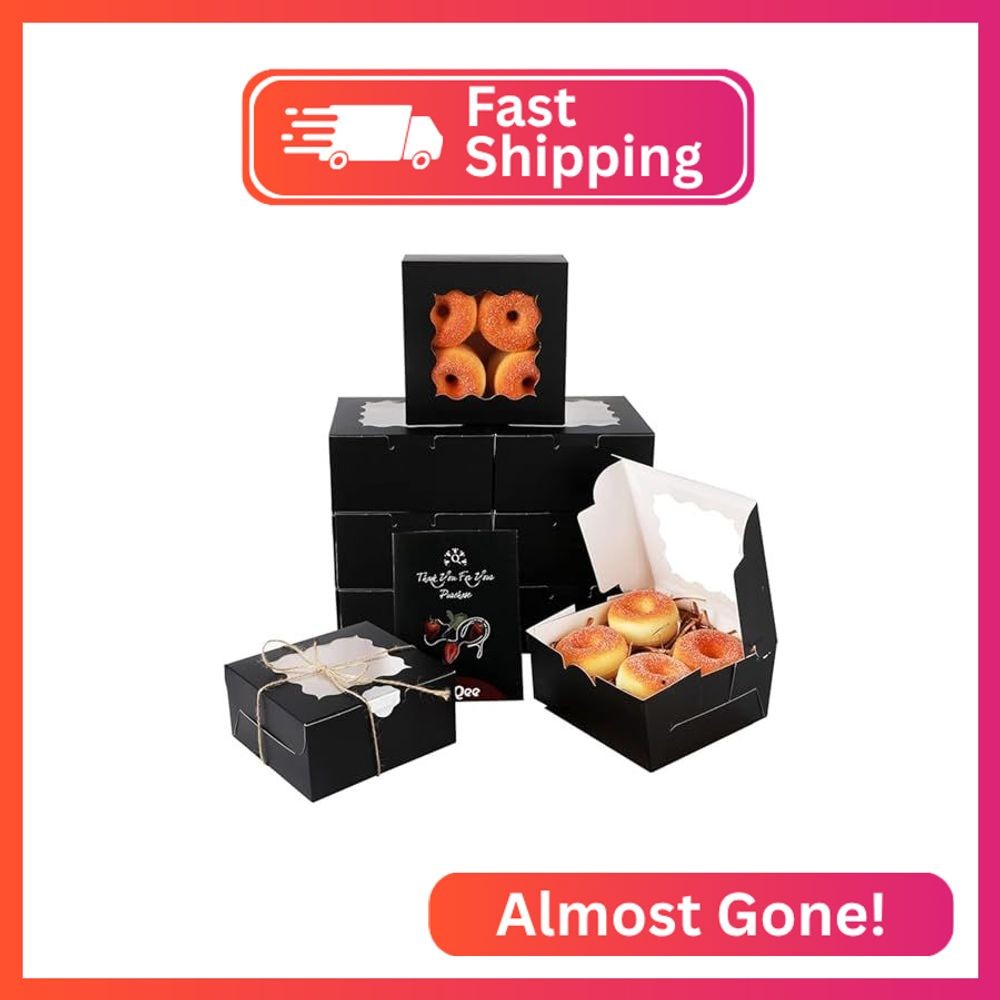 qiqee Black Cookie Boxes with Window 100packs 6x6x3 Black Bakery Box Pastry Box
