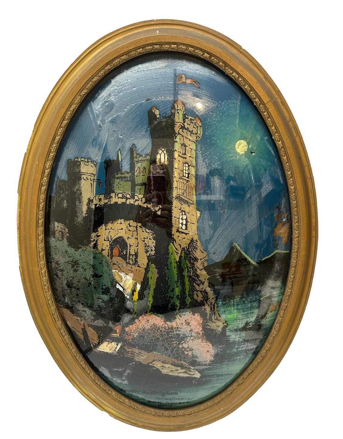 Antique Convex Bubble Glass Reverse Painting Castle Halloween Decor 1917 Read