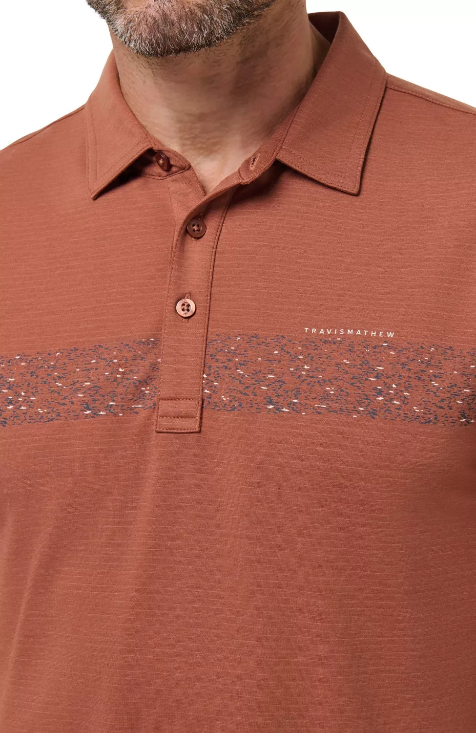 $99 NWT Travis Mathew Men\'s Size L The Heater Chest Stripe Golf Polo Color Maple $99 NWT Travis Mathew Men\'s Size L The Heater Chest Stripe Golf Polo Color Maple
