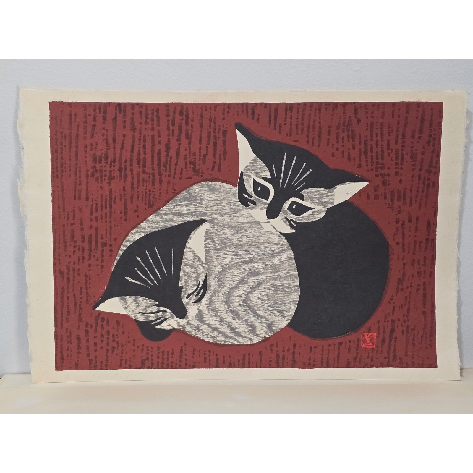 Kaoru Kawano Japanese Woodblock Print Cats Sosaku Hanga Mid Century Modern Art