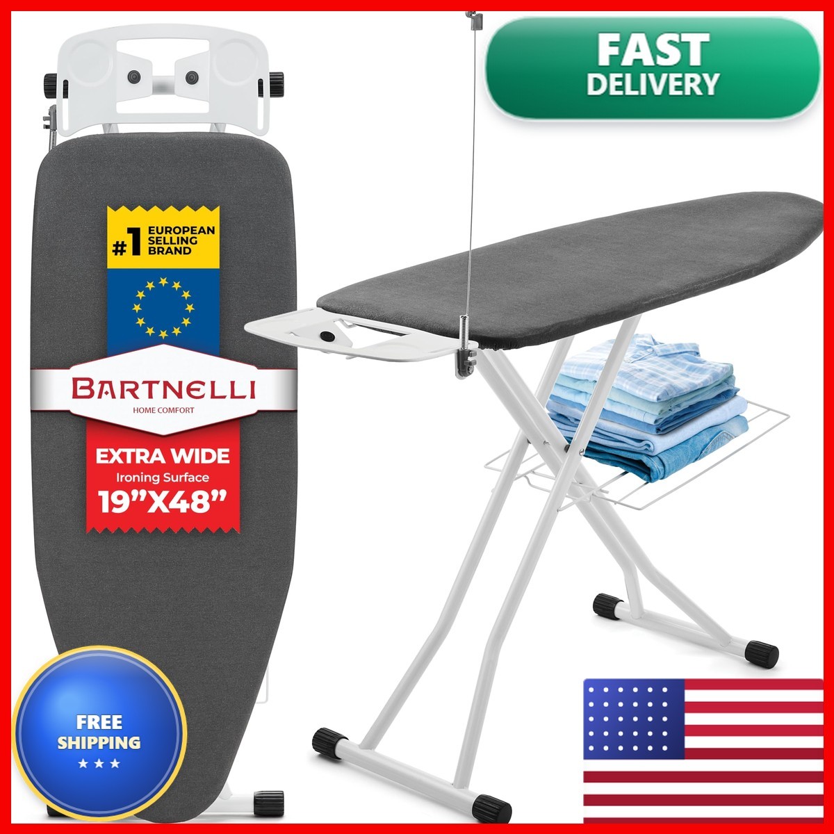 Bartnelli BIBV-1220 Extra Wide Pro Ironing Board 19x48 with Cover Pad