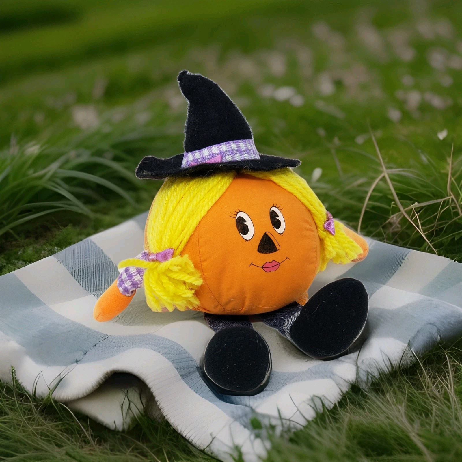 Vtg Russ Jack O\' Lantern Girl Plush Halloween Toy Jacqueline Yarn Hair Taiwan