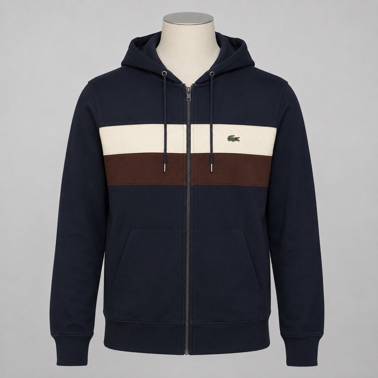 NWT Lacoste Zipped Color Block Hoodie Unisex 5 / Large - NAVY BLUE / WHT / BRWN