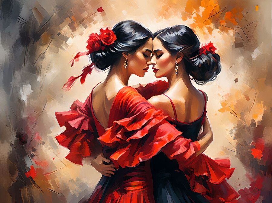 Two Women in Love Colorful Embrace Flamenco Dancers Abstract Poster Art Print