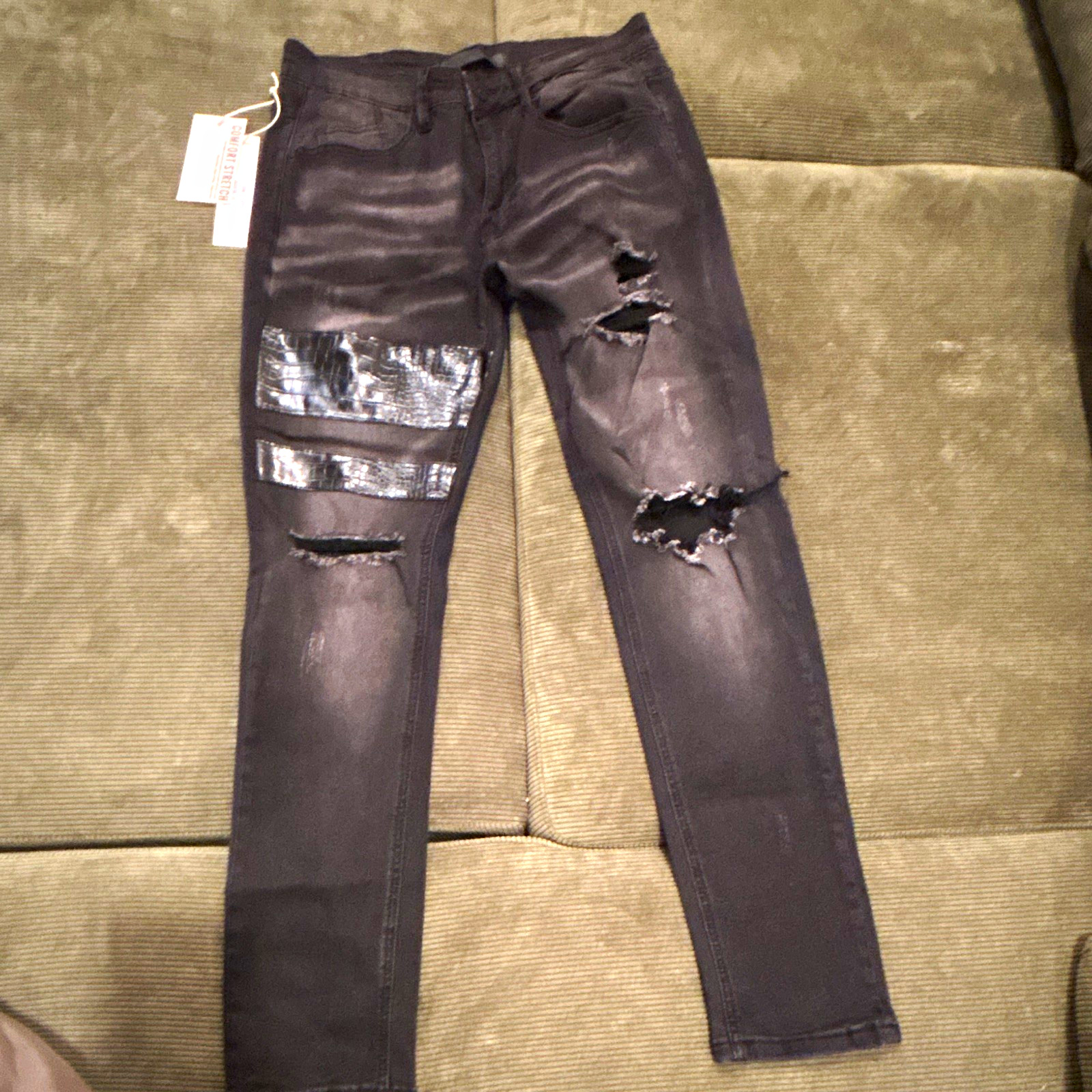 KDNK Men’s Comfort Stretch Skinny Jeans Black Dark Wash Distressed 5-Pocket