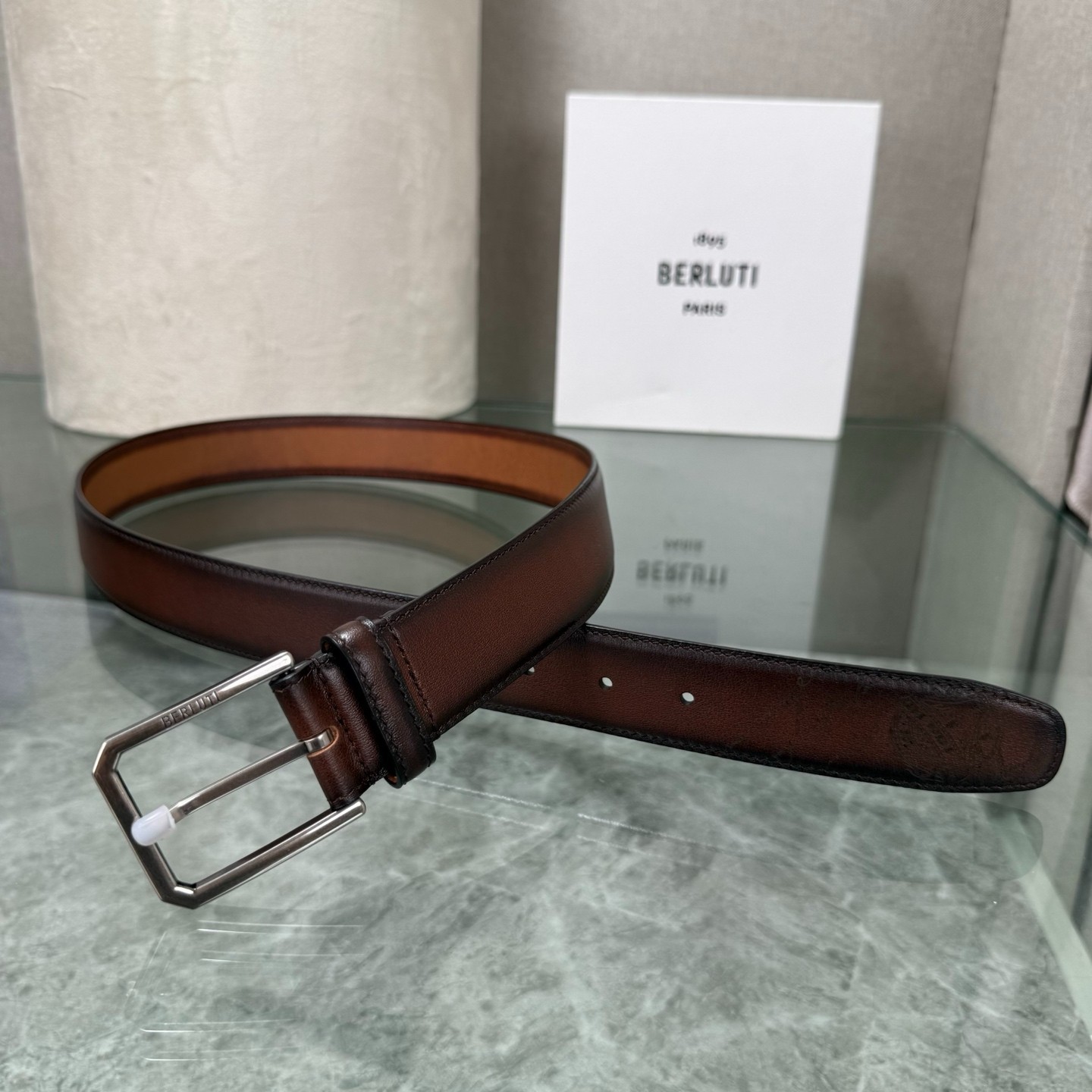 Berluti Men\'s Brown Leather Belt Silver Tone Buckle Classic Dress Belt
