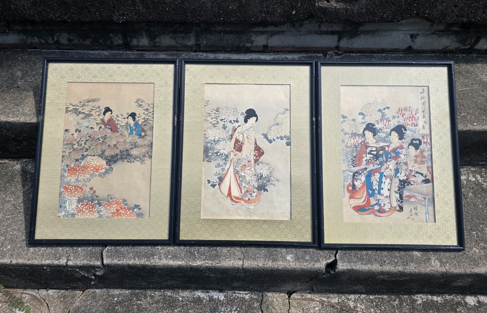 Antique Japanese Woodblock Print Toyohara Chikanobu Crysanthemum Framed 3 Pieces