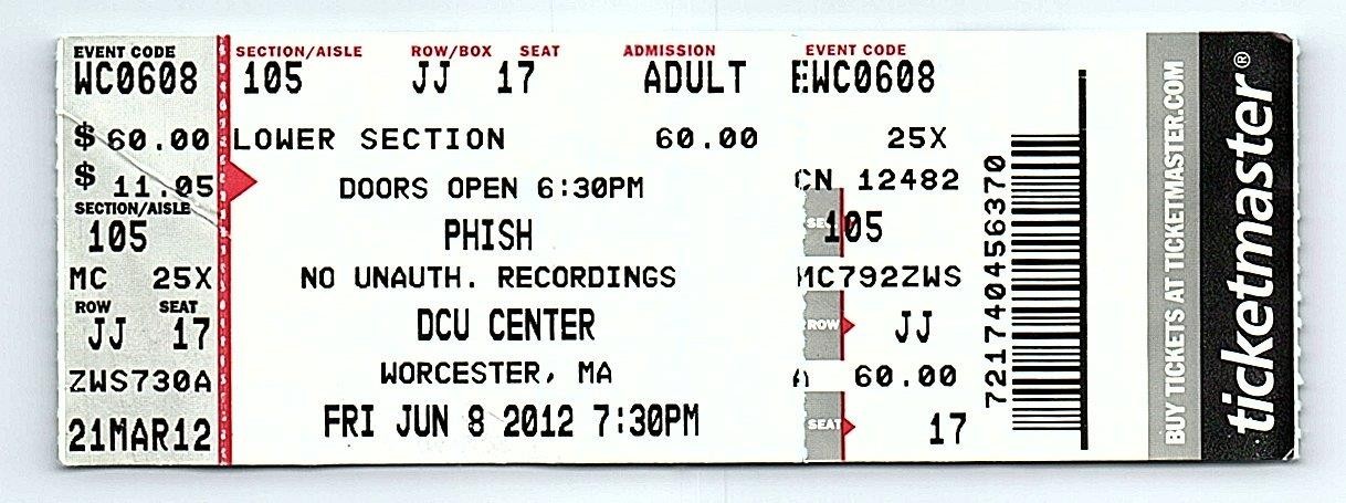 Phish Untorn Concert Ticket Stub June 8 2012 Worcester Massachusetts