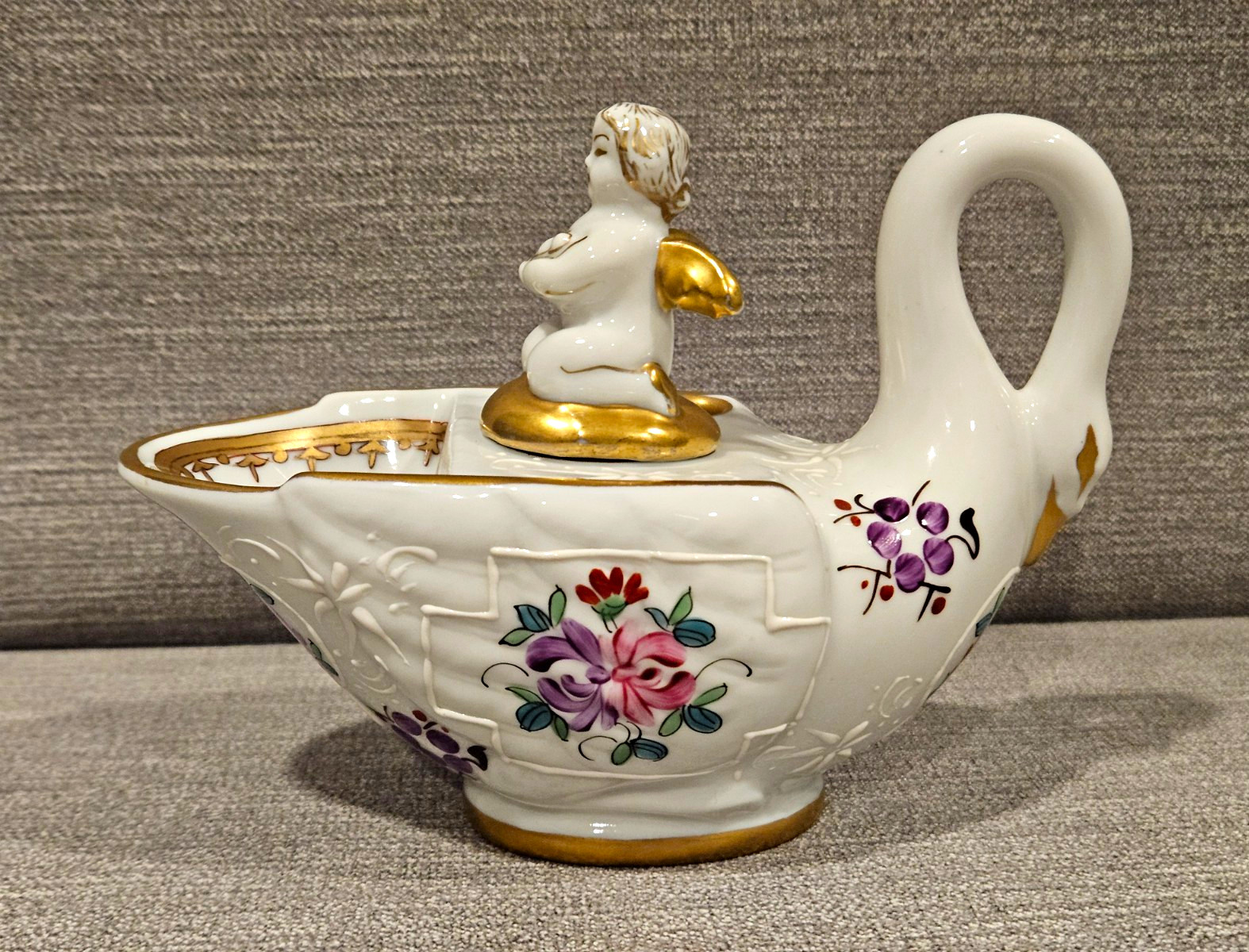 Vintage Porcelaine de Paris France Swan Inkwell Cherub Angel Floral Gilt