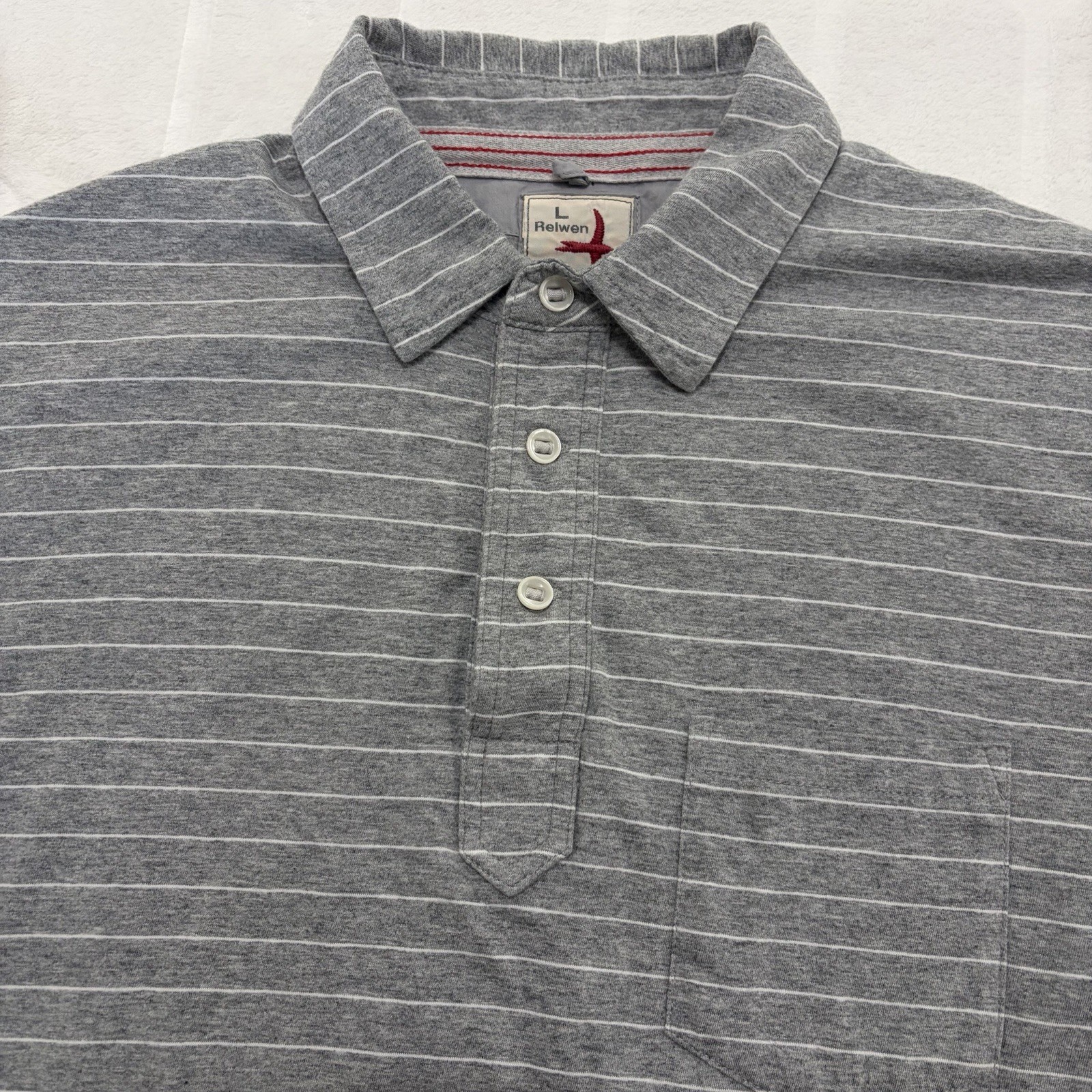 Relwen Polo Shirt Men’s Large Gray Striped Cotton Preppy Pocket Huckberry Relwen Polo Shirt Men’s Large Gray Striped Cotton Preppy Pocket Huckberry