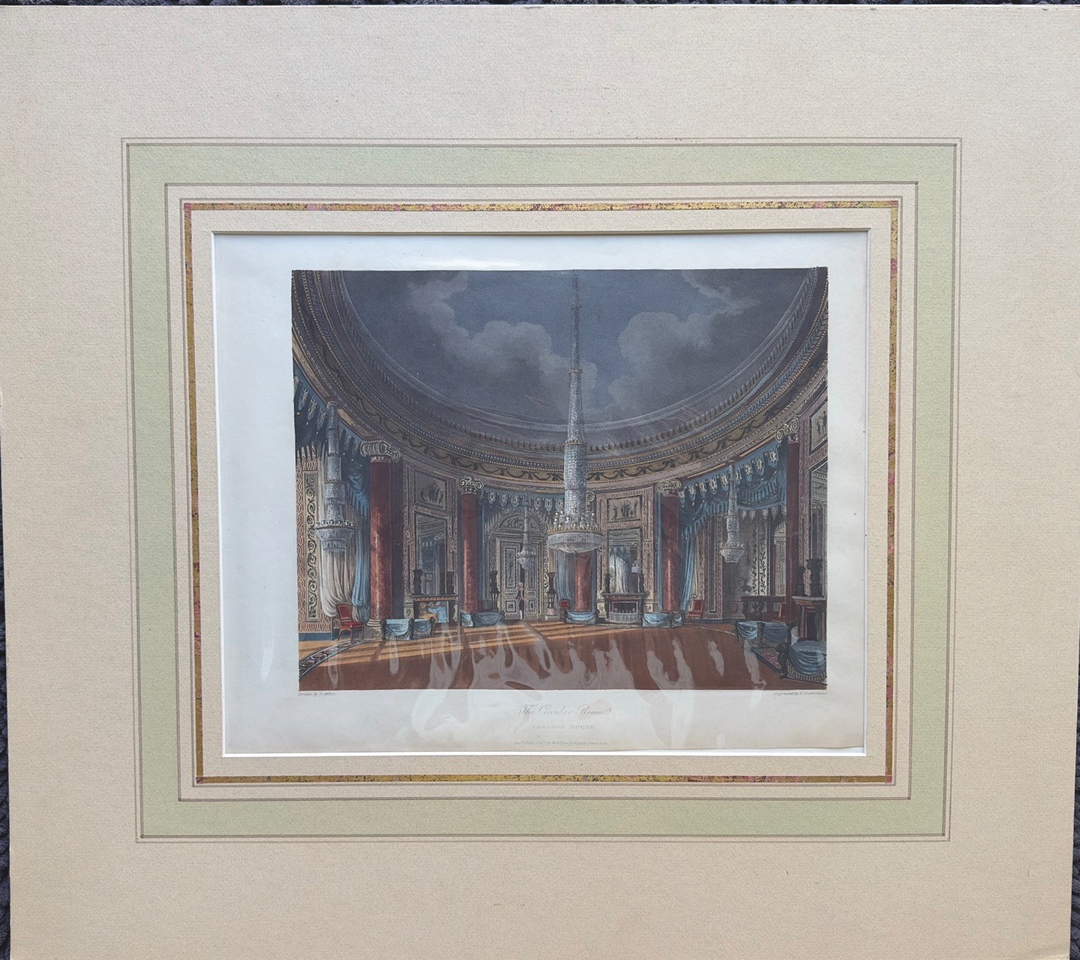 1817 The Circular Room Carlton House Hand Colored Engraving Charles Wild Antique
