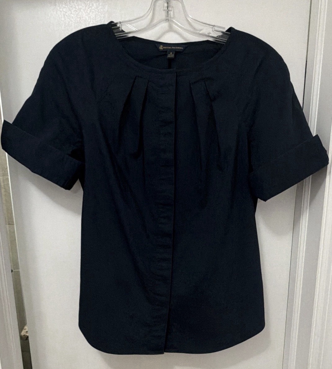 Brooks Brothers Women’s Blue Solid Short Sleeve Woven Cotton Pleated Blouse 8