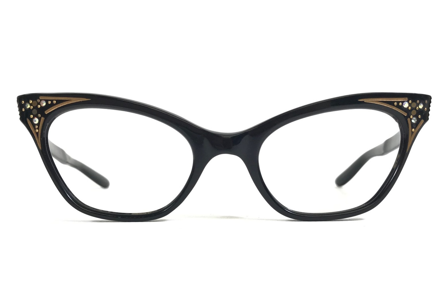Vintage INDO Eyeglasses Frames Shiny Black Gold Corner Rhinestones 48-22-138