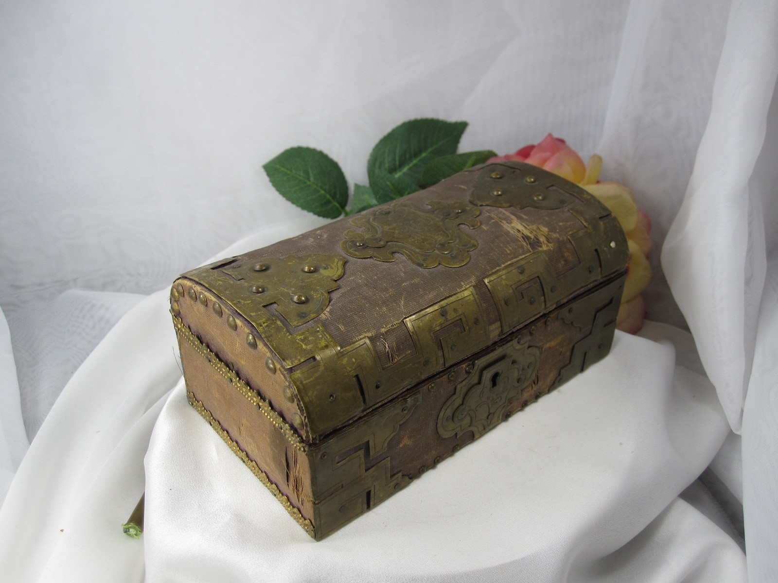 18th Century Wooden Jewelry Box with Brass Decor, Collectible Antique