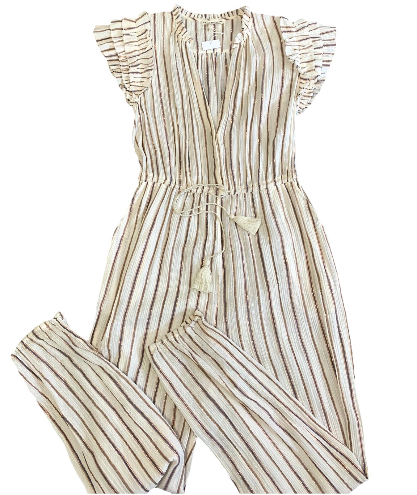 NWT Ulla Johnson Womens 2 Elio Striped Metallic Jumpsuit Cotton Flutter Sleeve NWT Ulla Johnson Womens 2 Elio Striped Metallic Jumpsuit Cotton Flutter Sleeve
