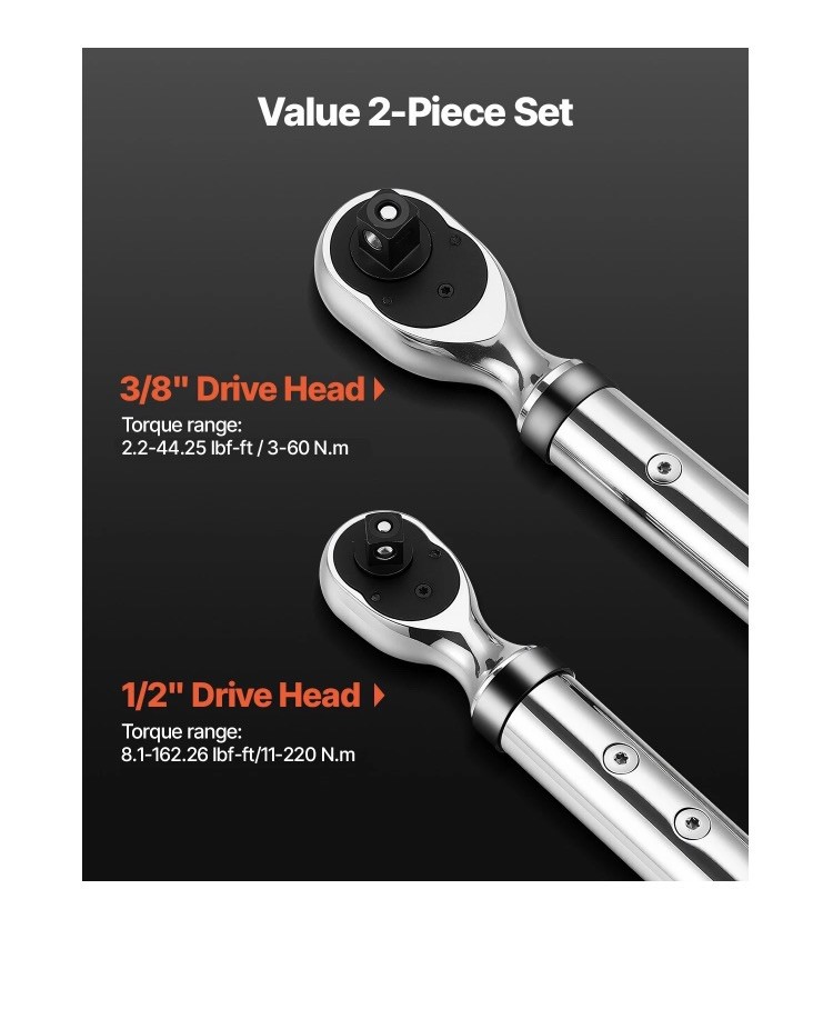 Electronic Torque Wrench Set, 2-Piece, 1/2 & 3/8 Inch Drive 72-Tooth LED Display Electronic Torque Wrench Set, 2-Piece, 1/2 & 3/8 Inch Drive 72-Tooth LED Display