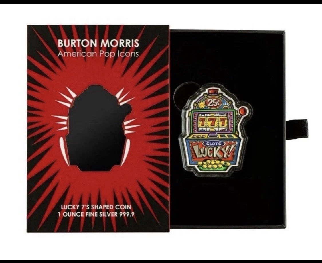 2024 Pamp Suisse Burton Morris Lucky 7\'s Slot Machine 1 oz Colorized Silver Coin