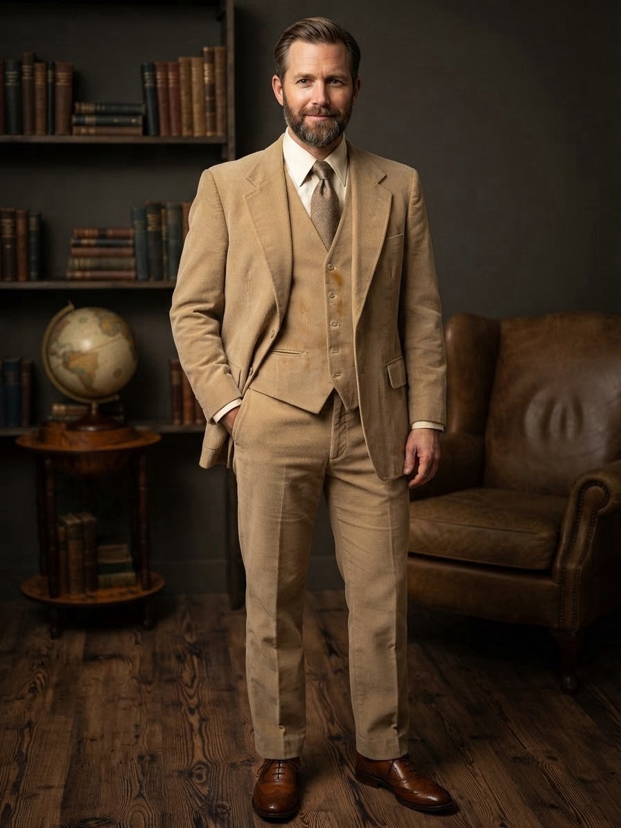 Vintage 1980s Men\'s Tan Corduroy 3-Piece Suit 40L 32x32 Two-Button Notch